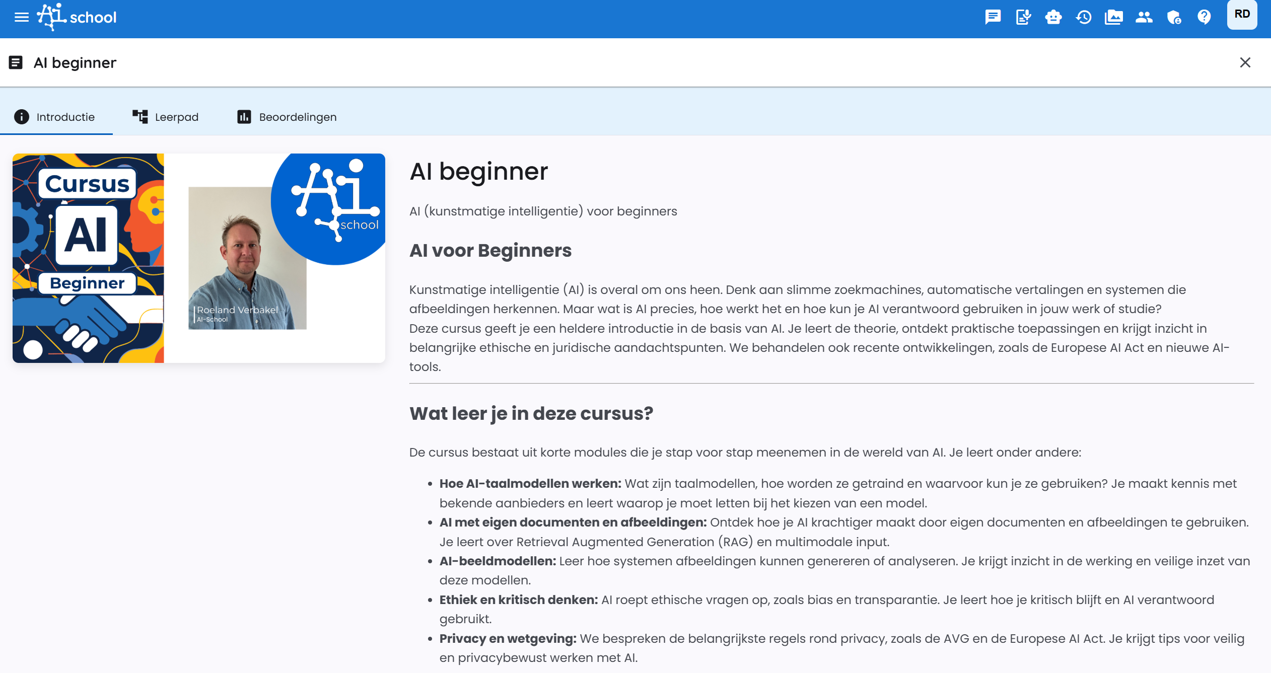 Hoofdscherm van de cursus