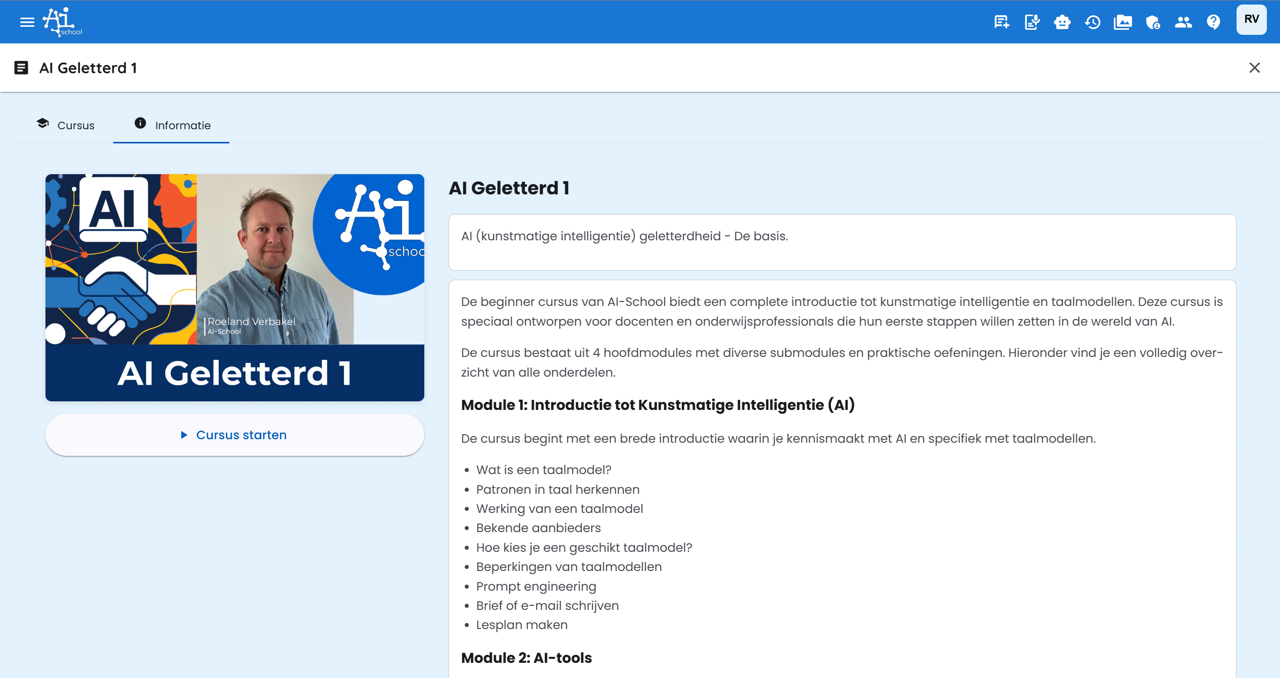 Hoofdscherm van de cursus