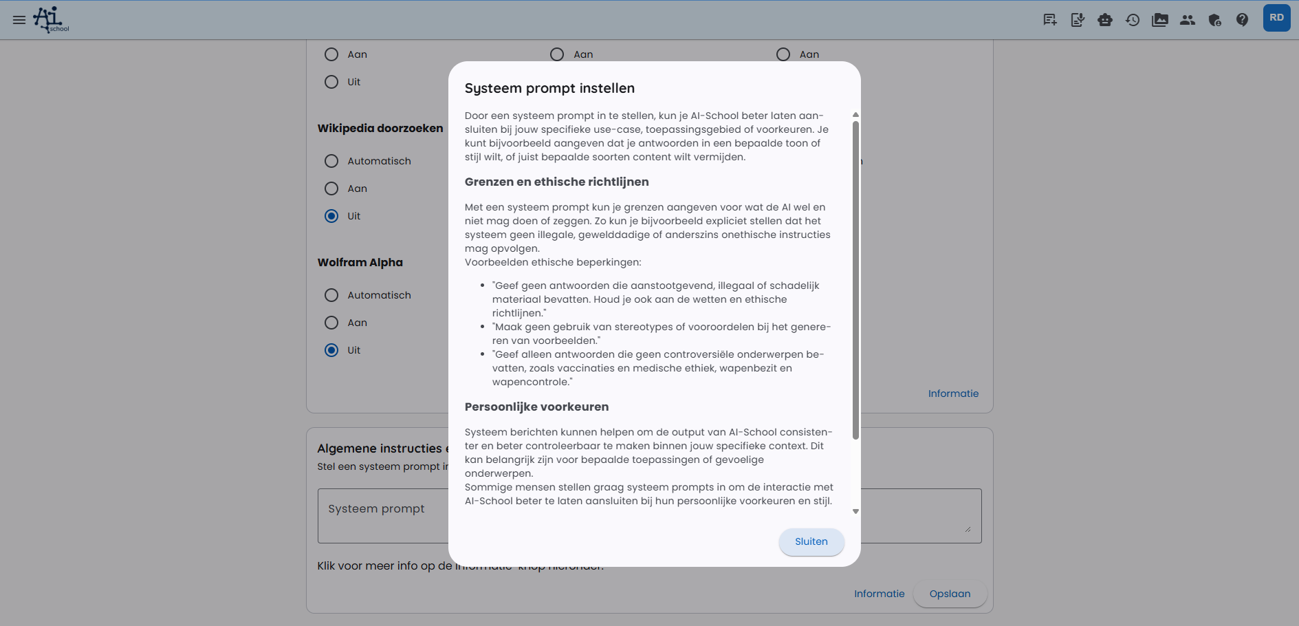 Informatievenster Systeemprompts