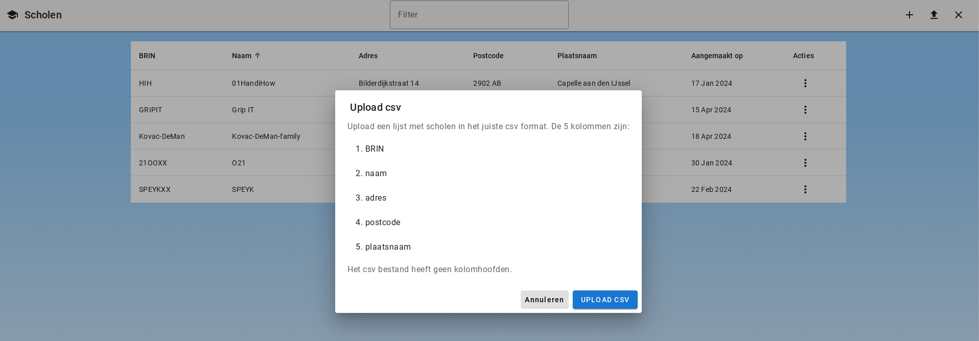 Scholen uploaden via csv