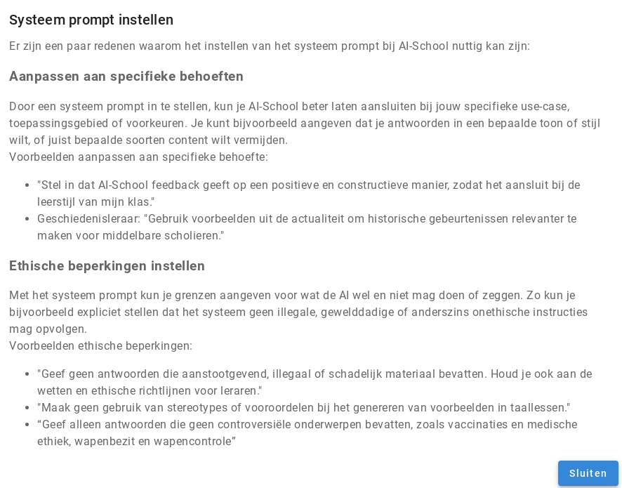 Informationsfenster Systemprompts