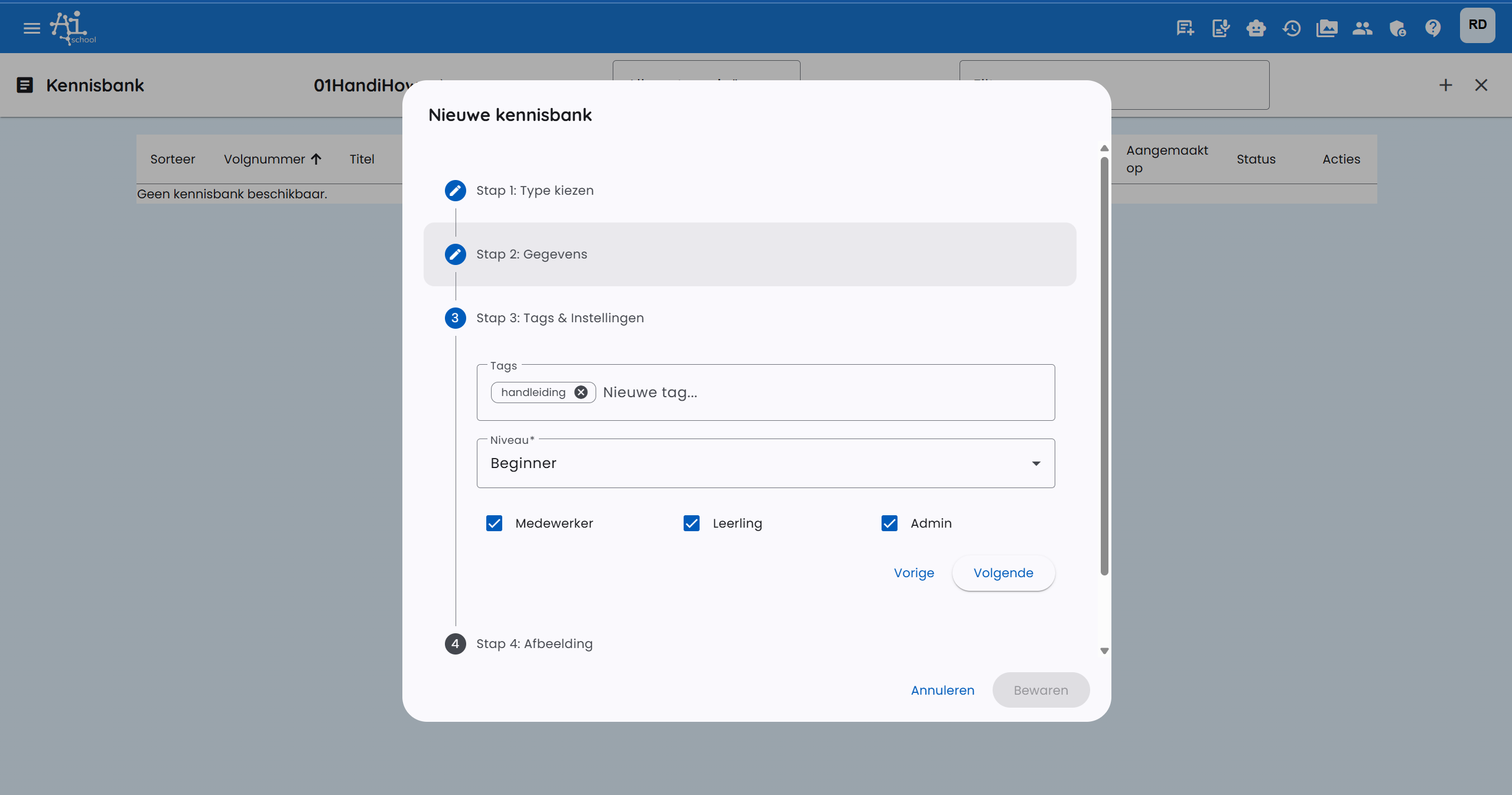 Wissensdatenbank-Element Tags und Niveau