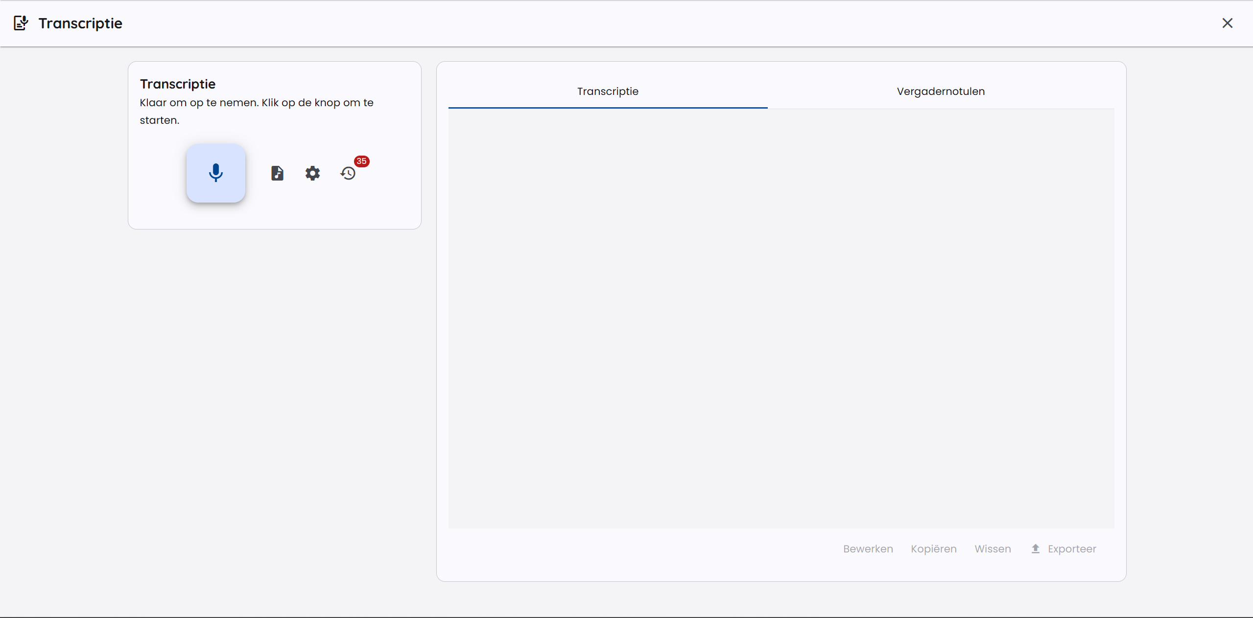 Transkription Startbildschirm