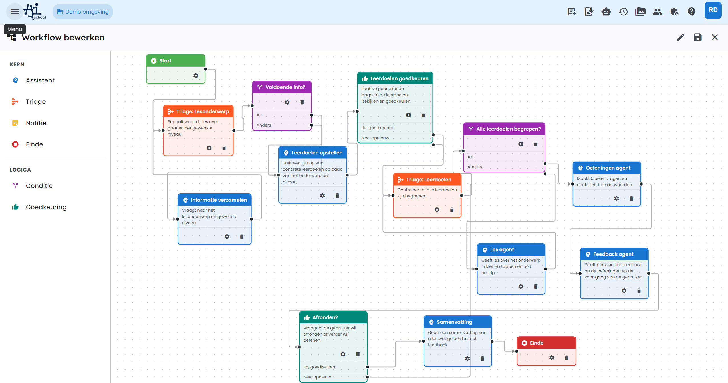 Der Workflow-Editor zeigt ein visuelles Flussdiagramm mit Knoten und Verbindungen