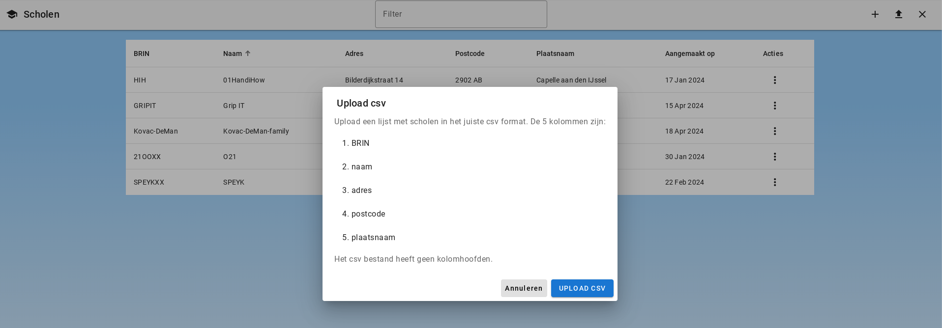 Upload Schools via CSV