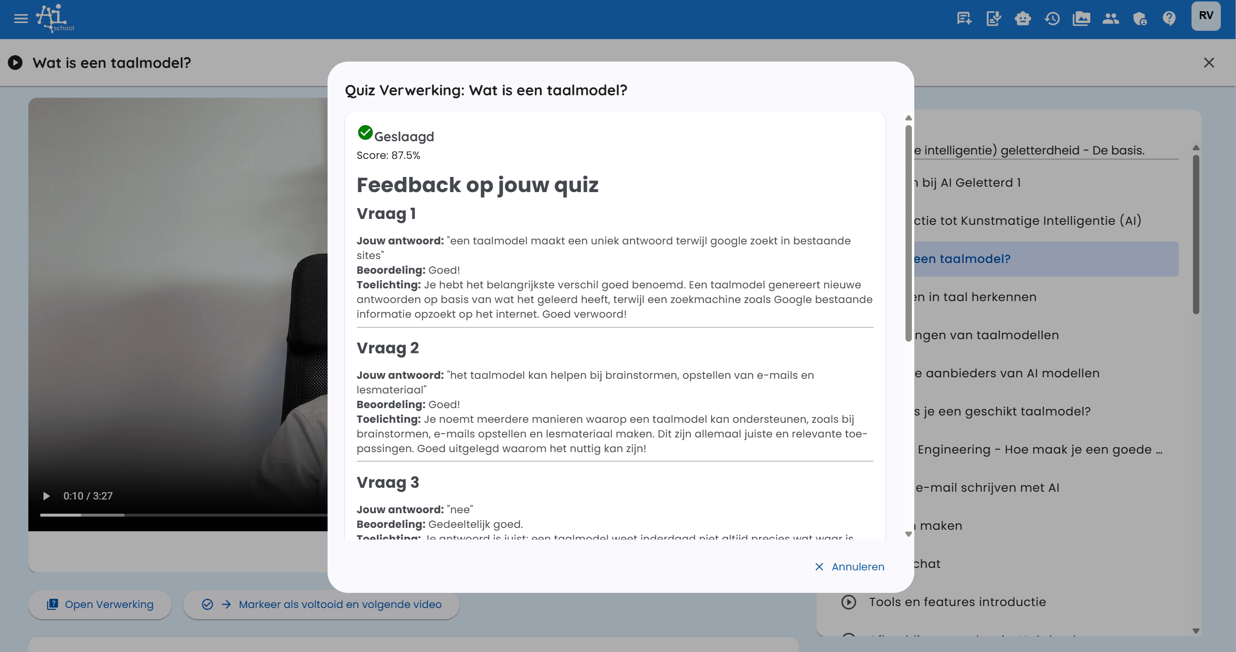 Retours et résultats du quiz